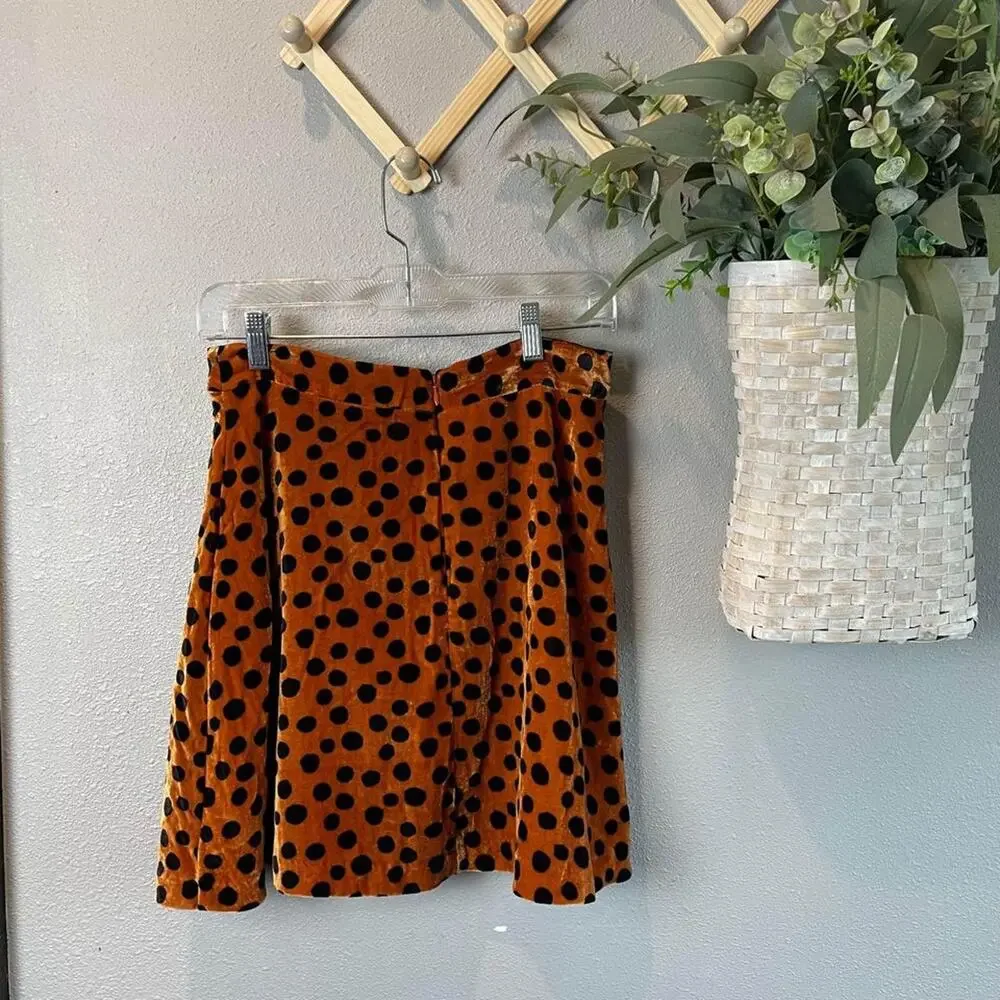 Madewell Skirt WMNS Orange Black SZ 2 Velour Polka Dot Mini Skirt Retro Modern - Picture 2 of 7